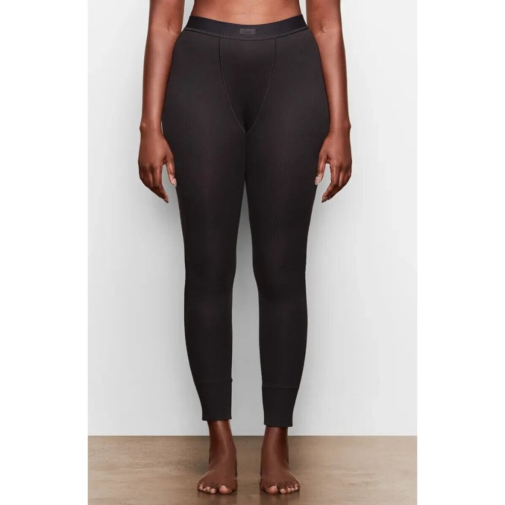 Skims Women's Soot Cotton Blend Pull-On Soft Rib Thermal Leggings Size X-Large